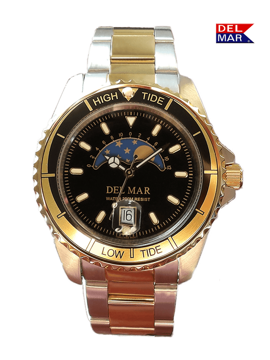 Black Face Nautical Analog Tide Watch TwoTone Bracelet 50207 Del Mar Watches