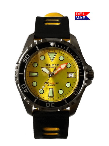 Brighten your look with the Del Mar Watch Yellow Dial and Black & Yellow Rubber Strap Band 500 Meter Premier Pro Watch. Check it out.