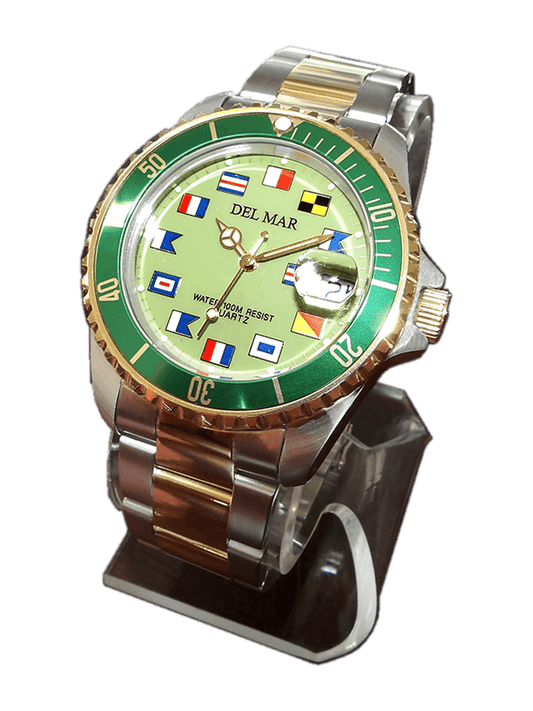 Green face nautical watch gold silver bracelet Del Mar