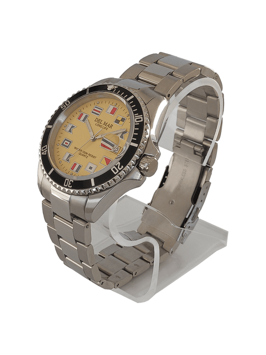 Nautical 200 bold yellow dial watch close up