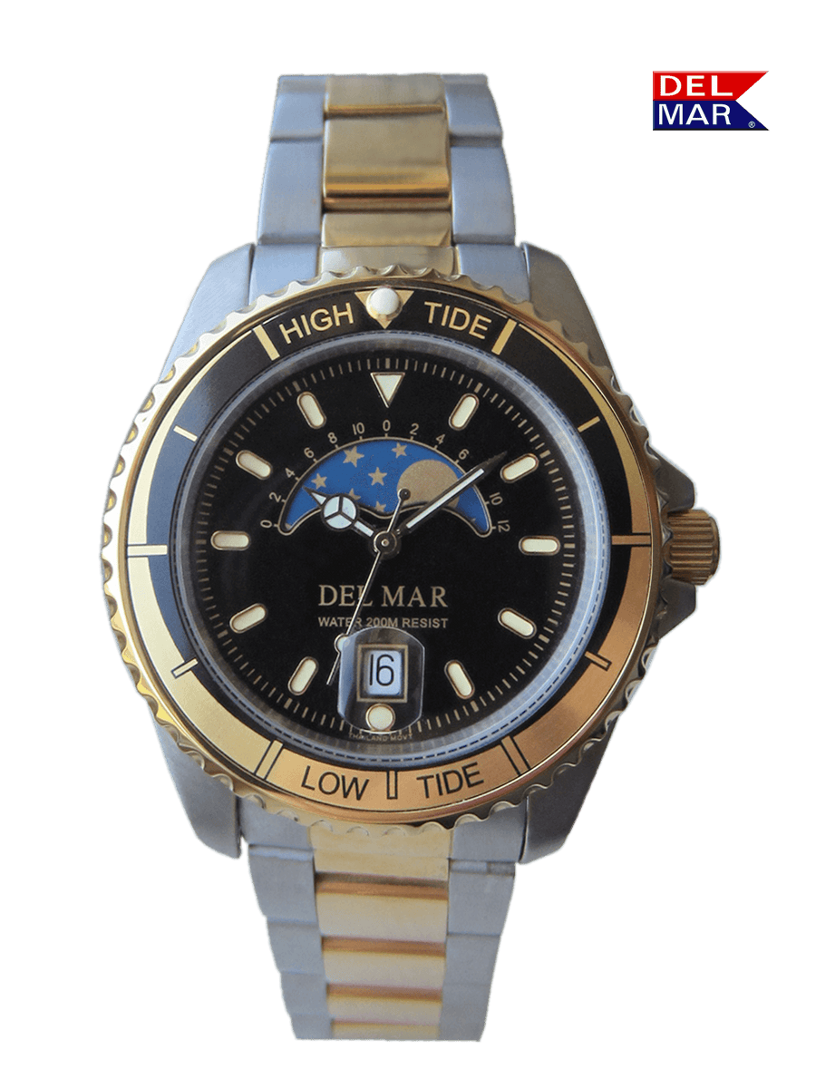 Black Face Nautical Analog Tide Watch TwoTone Bracelet 50207 Del Mar Watches