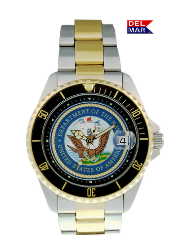 Del Mar Watches Men's Navy Military Watch - Two Tone Bracelet #50493