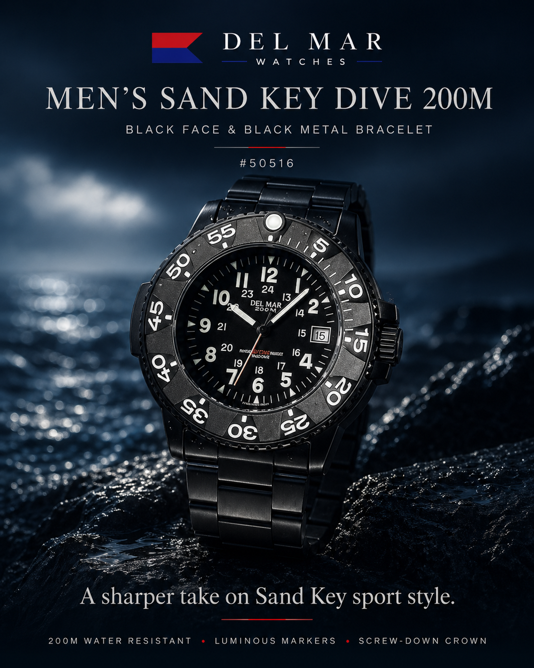 Discover why the Men’s Sand Key Dive 200M Black Face & Black Metal Bracelet #50516 is a sharper, water-ready alternative from Del Mar Watches.