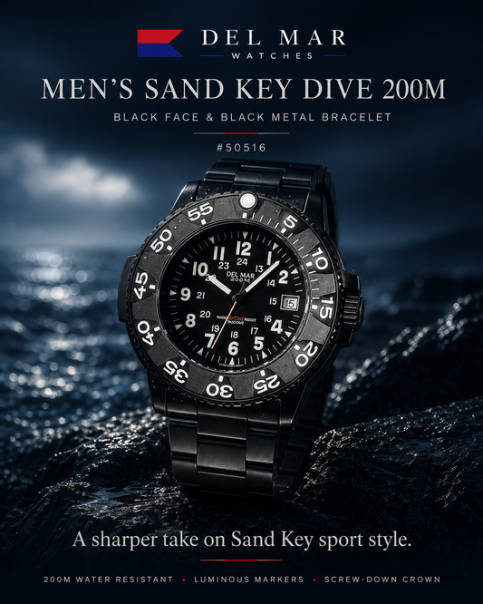 Discover why the Men’s Sand Key Dive 200M Black Face & Black Metal Bracelet #50516 is a sharper, water-ready alternative from Del Mar Watches.