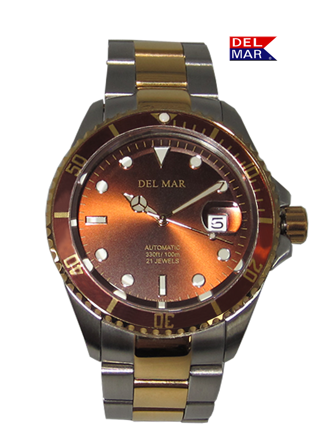 Del Mar Premier Watch remains consistently powered with a two-tone stainless steel band and blue face. Exquiste