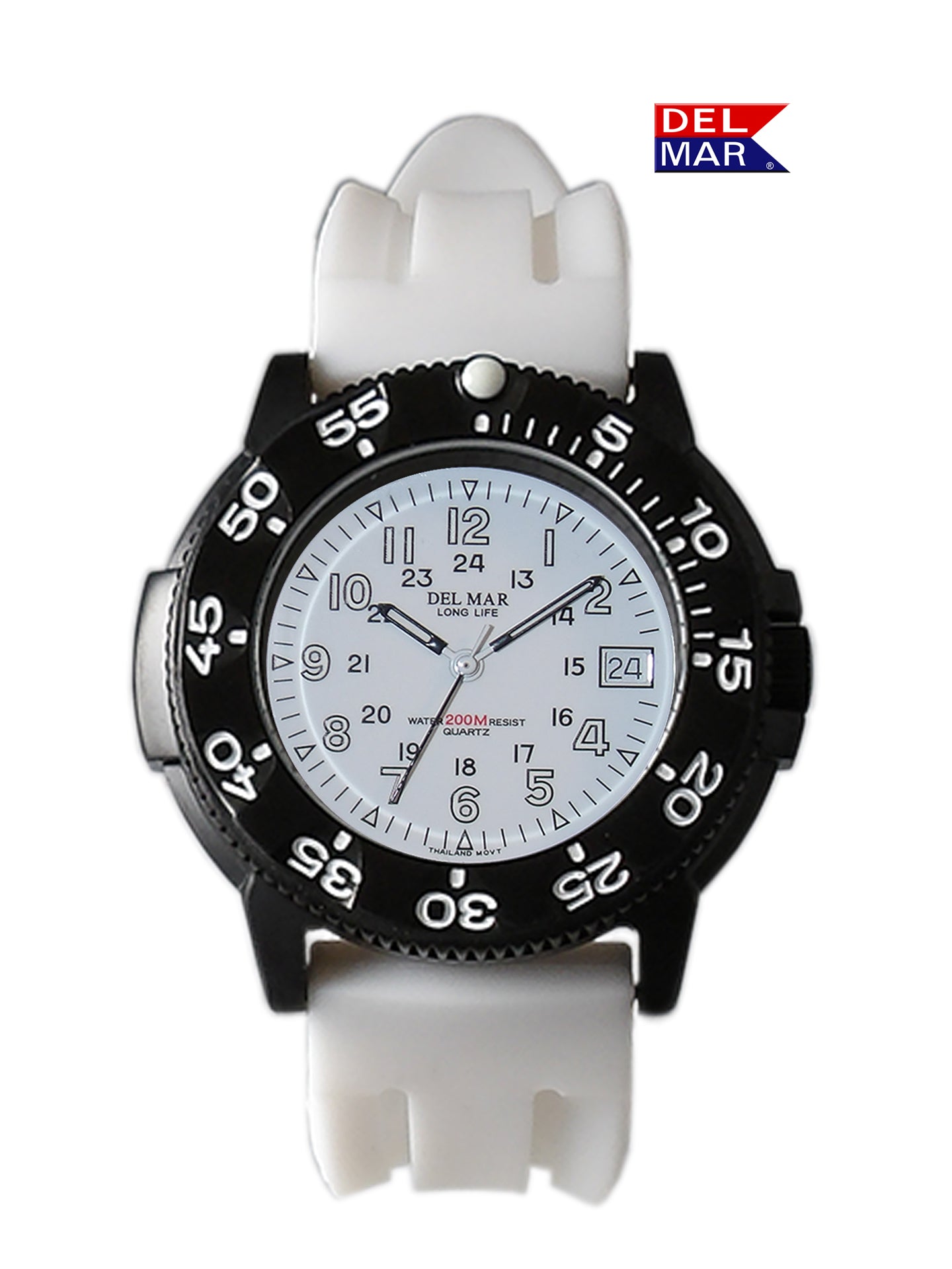 Del Mar Sand Key 50385 features a bright white dial, flexible black strap, and durable stainless steel construction
