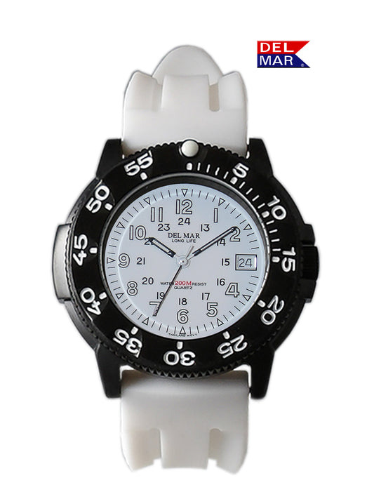 Del Mar Sand Key 50385 features a bright white dial, flexible black strap, and durable stainless steel construction