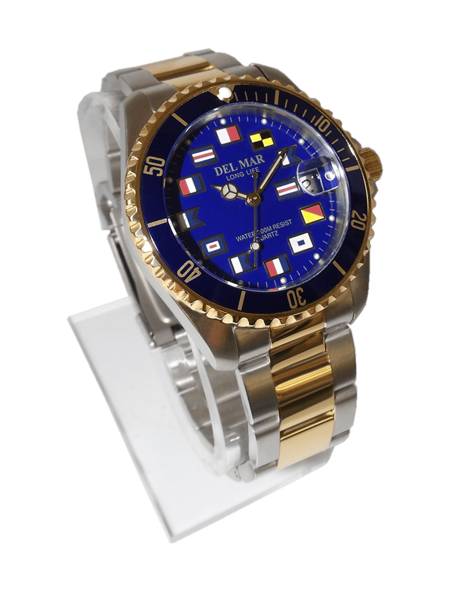 Del Mar stainless steel watch blue dial close up