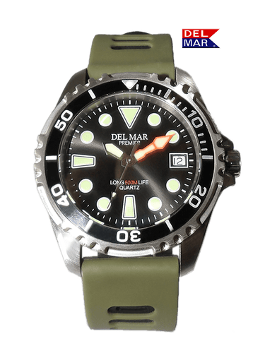 Khaki & Black dual colored rubber watch strap with a black dial 500=meters water resistant, the complete package from Del Mar Watches at an affordable price.