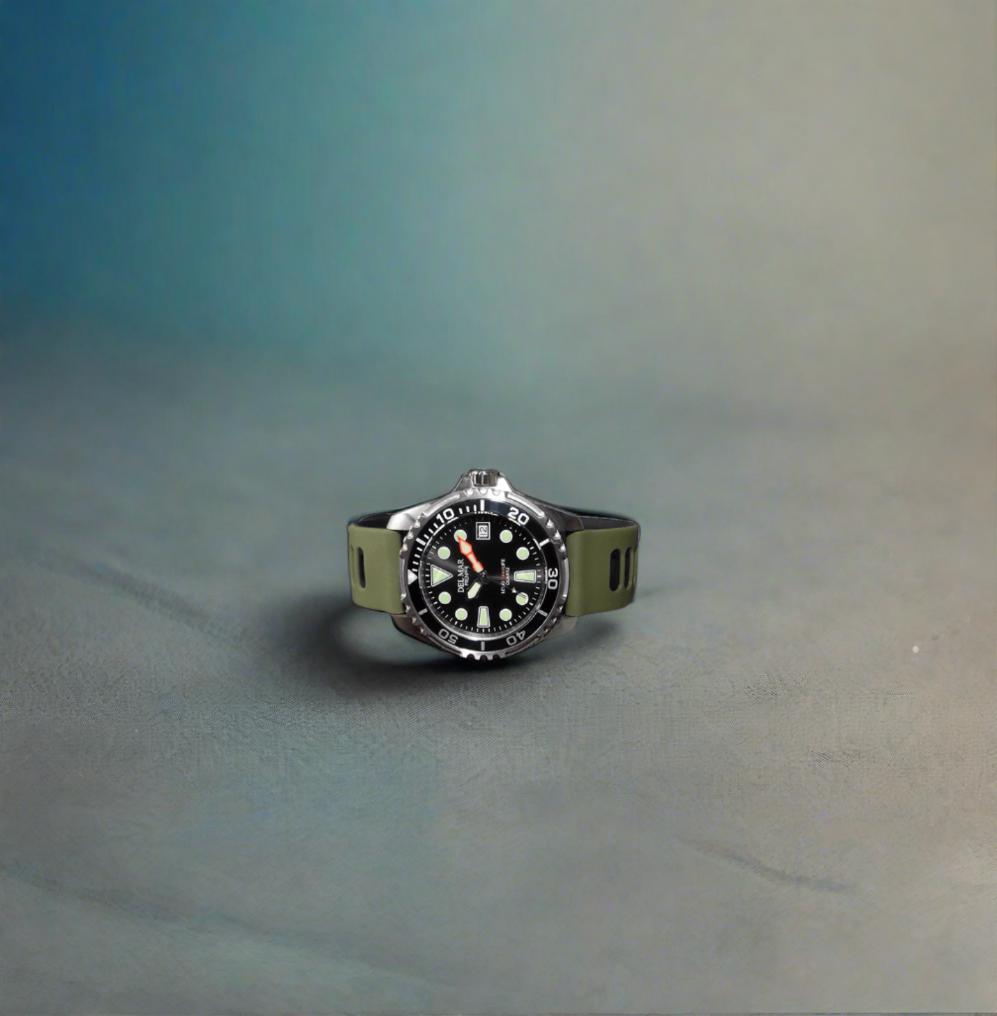 Khaki & Black dual colored rubber watch strap with a black dial 500=meters water resistant, the complete package from Del Mar Watches at an affordable price.