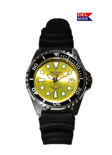 Brighten your look with the Del Mar Watch Yellow Dial and Black & Yellow Rubber Strap Band 500 Meter Premier Pro Watch. Check it out.