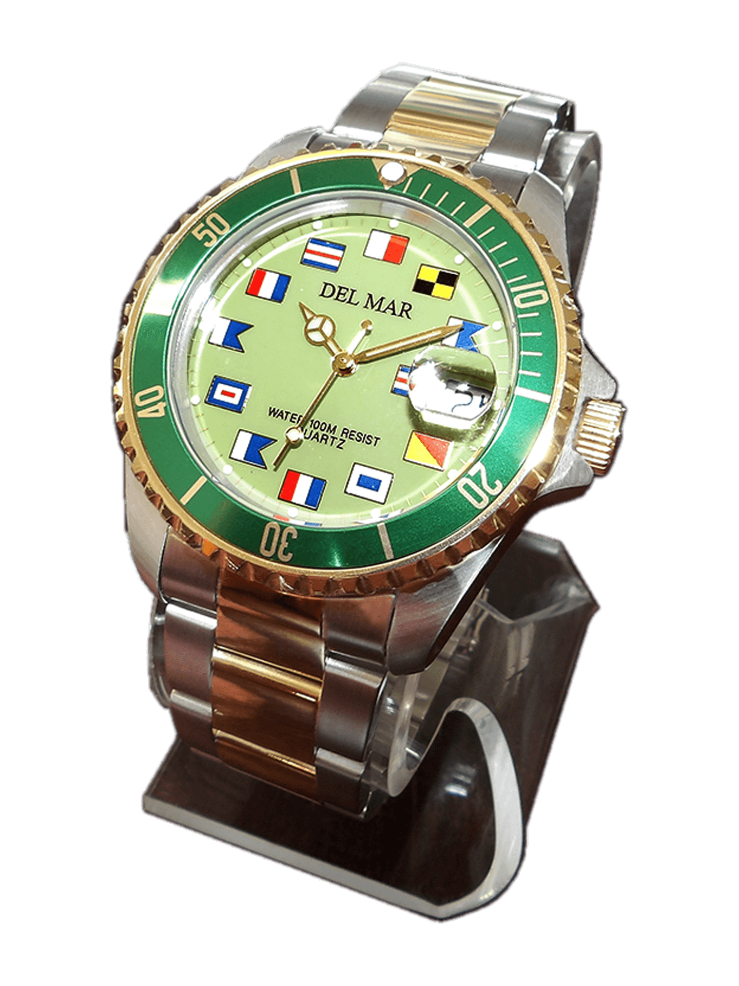 Green face nautical watch gold silver bracelet Del Mar
