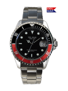 Del Mar Watches Men's Classic Coronado Black Face, Black & Red Bezel Watch #50125