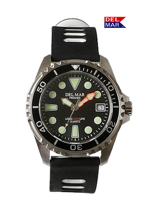 Del Mar Pro Dive 500M black dial white strap dive watch.