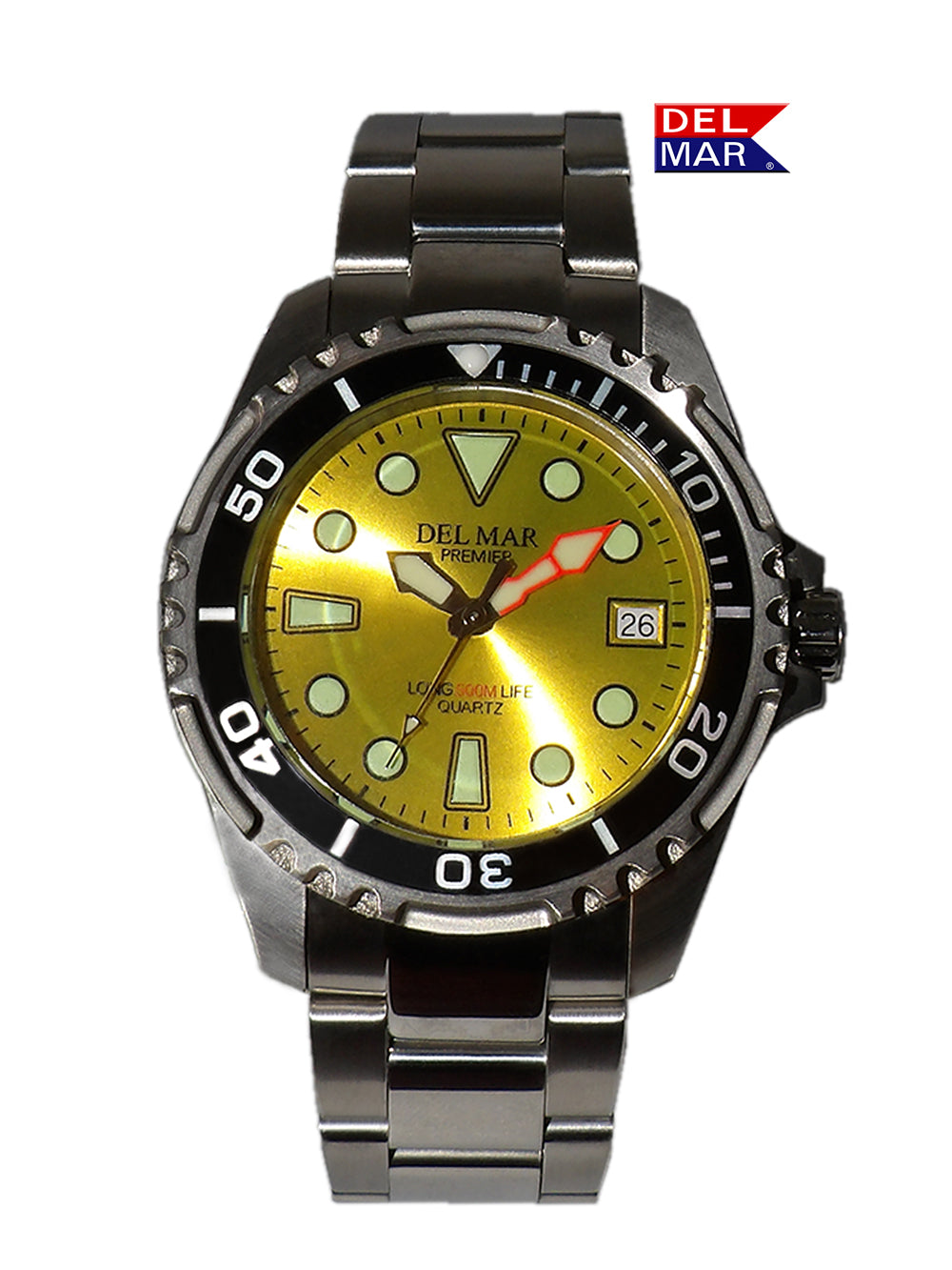 Del Mar Pro Dive 500M yellow dial stainless steel bracelet dive watch