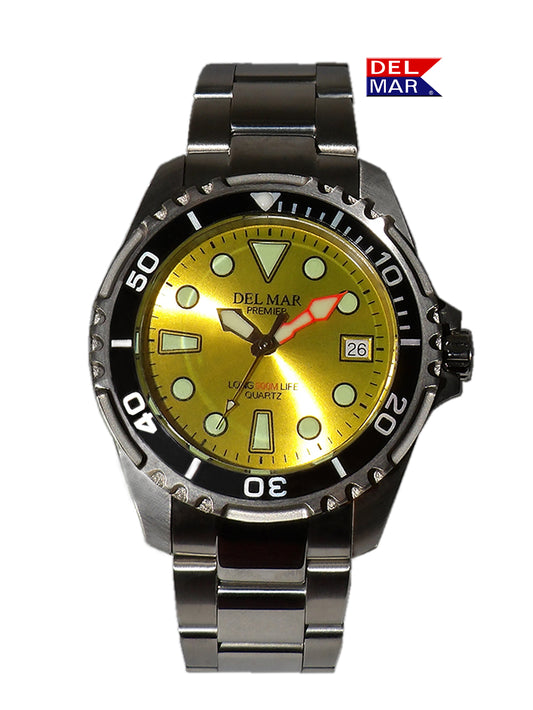 Del Mar Pro Dive 500M yellow dial stainless steel bracelet dive watch