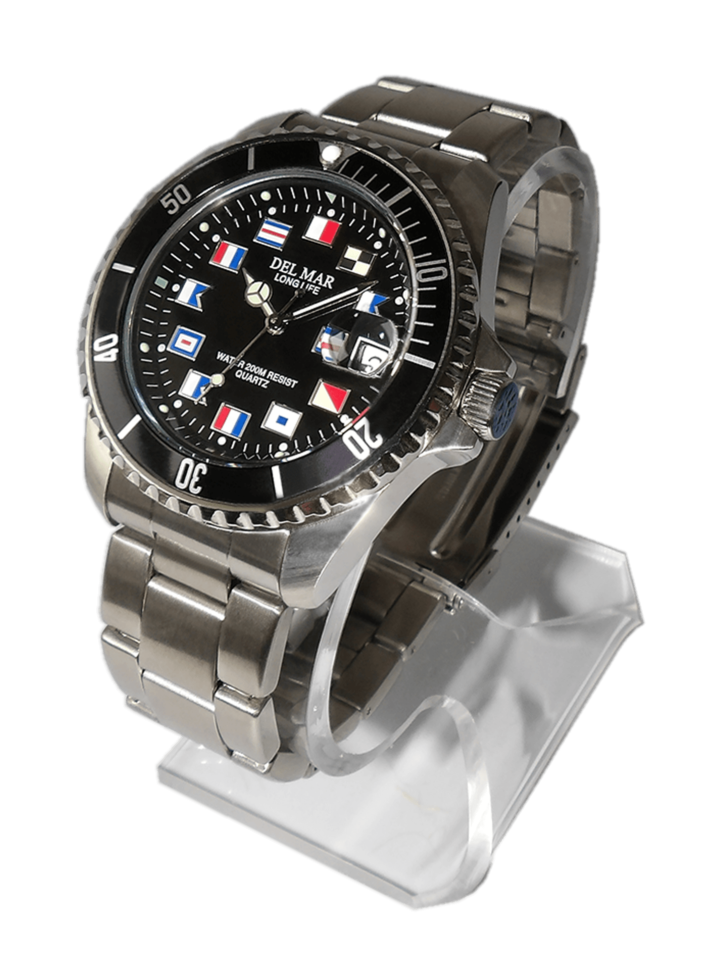 Del Mar stainless steel watch dark blue face bezel detail