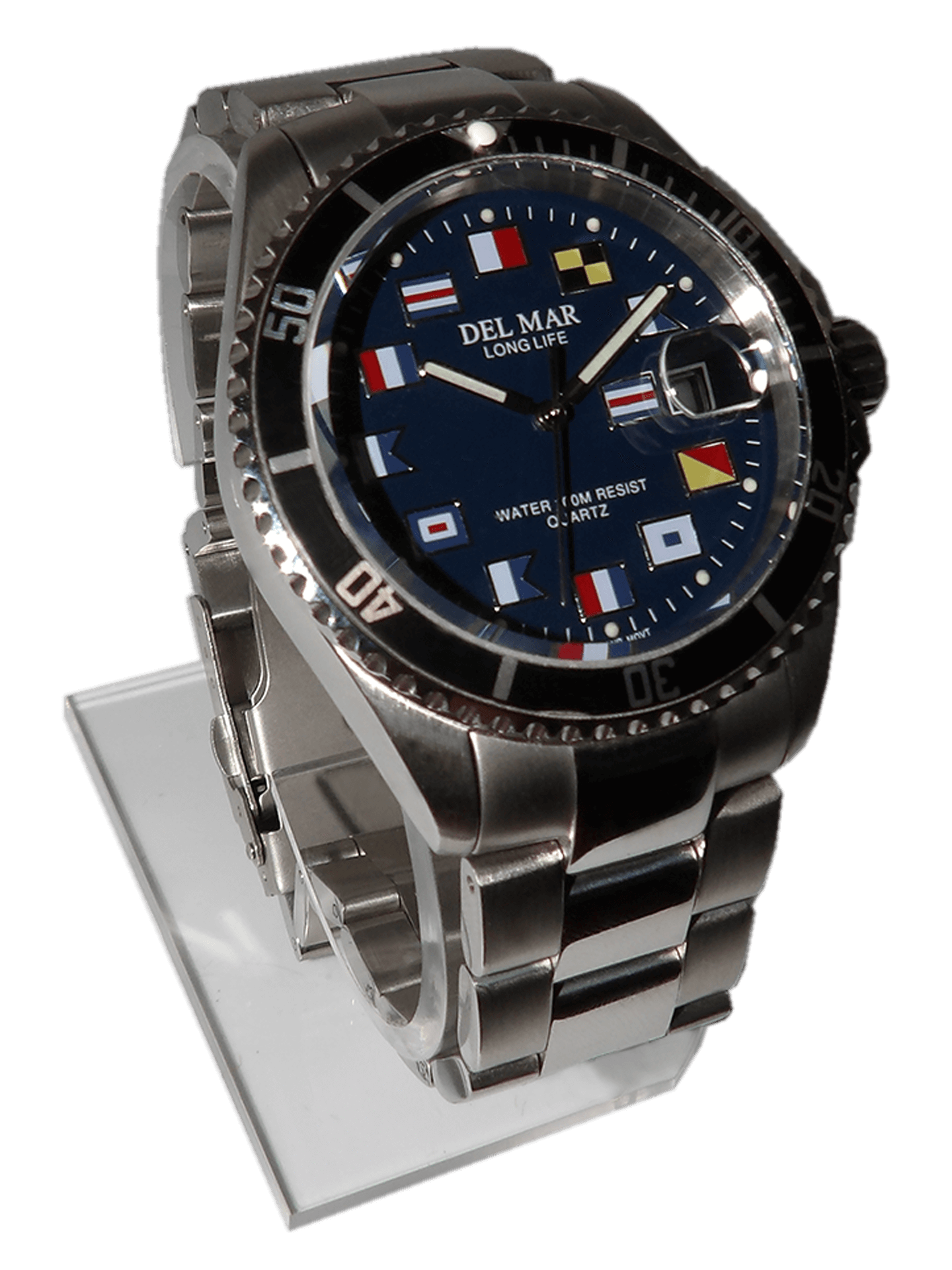 Del Mar contrast dial watch black face blue bezel