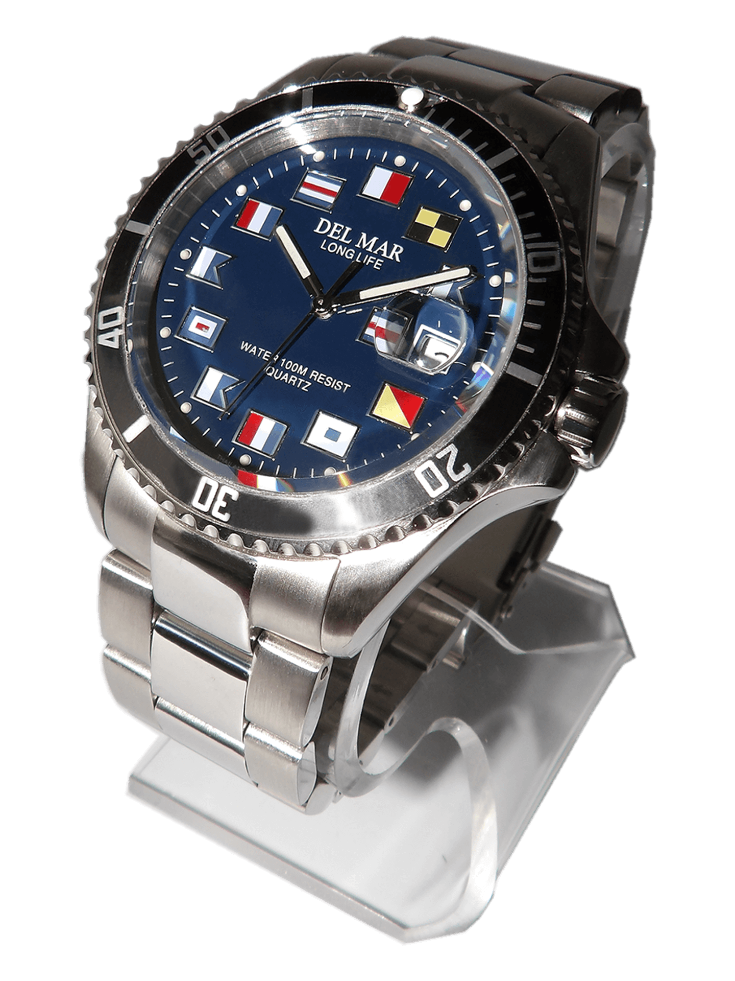 Black face nautical watch with blue bezel stainless steel