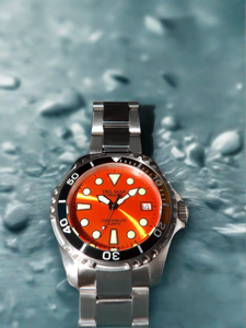  Strap on the ultimate in professional-grade diving Del Mar Watch 500-Meter Premier Pro Dive with the Orange Dial with Stainless Steel Bracelet Band #50424