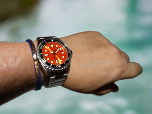 Choose the fashionable orange dial Del Mar Watch 500-Meter Premier Pro Dive with Stainless Steel Bracelet Band #50424.