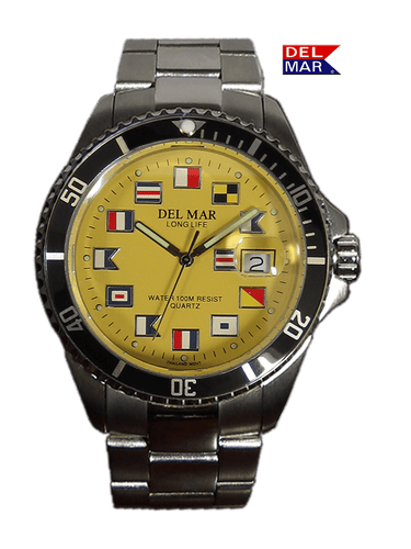 Del Mar Watches Men’s Long Life Yellow Face Nautical SS Band Watch #50376