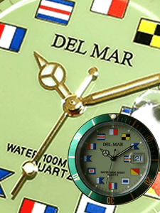 Del Mar Watches Closeup Men's Green Face Long Life Nautical Flag, Two-Tone Watch #50409