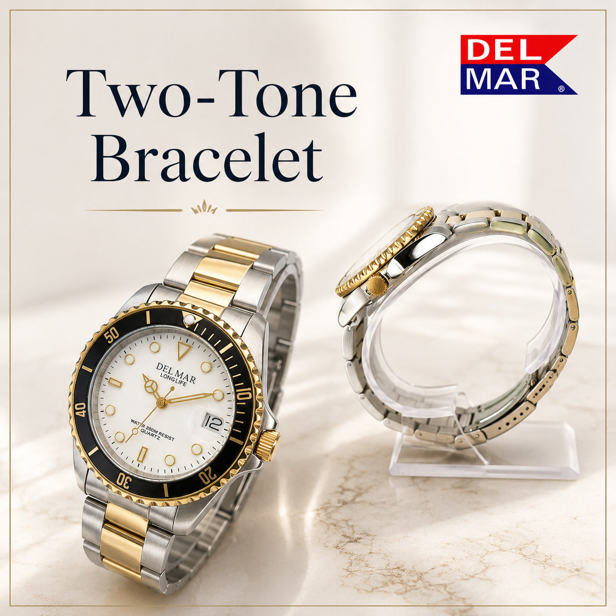 Restore the fit and finish of your Del Mar watch with a genuine two-tone stainless steel replacement bracelet. 