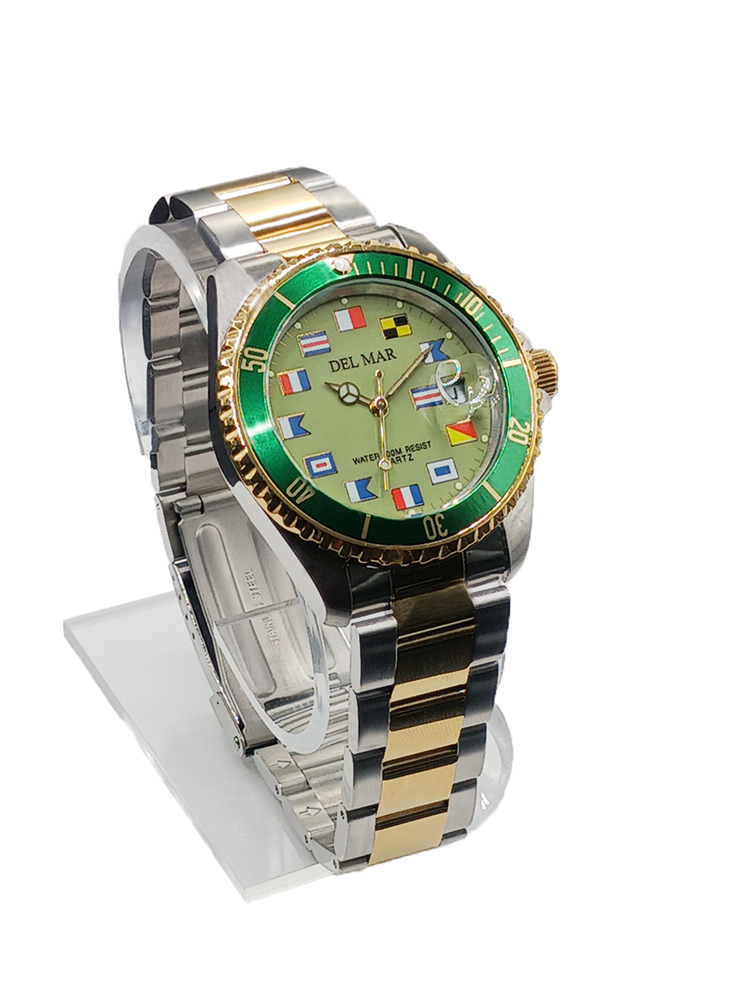 Del Mar bold green dial watch close up nautical flags