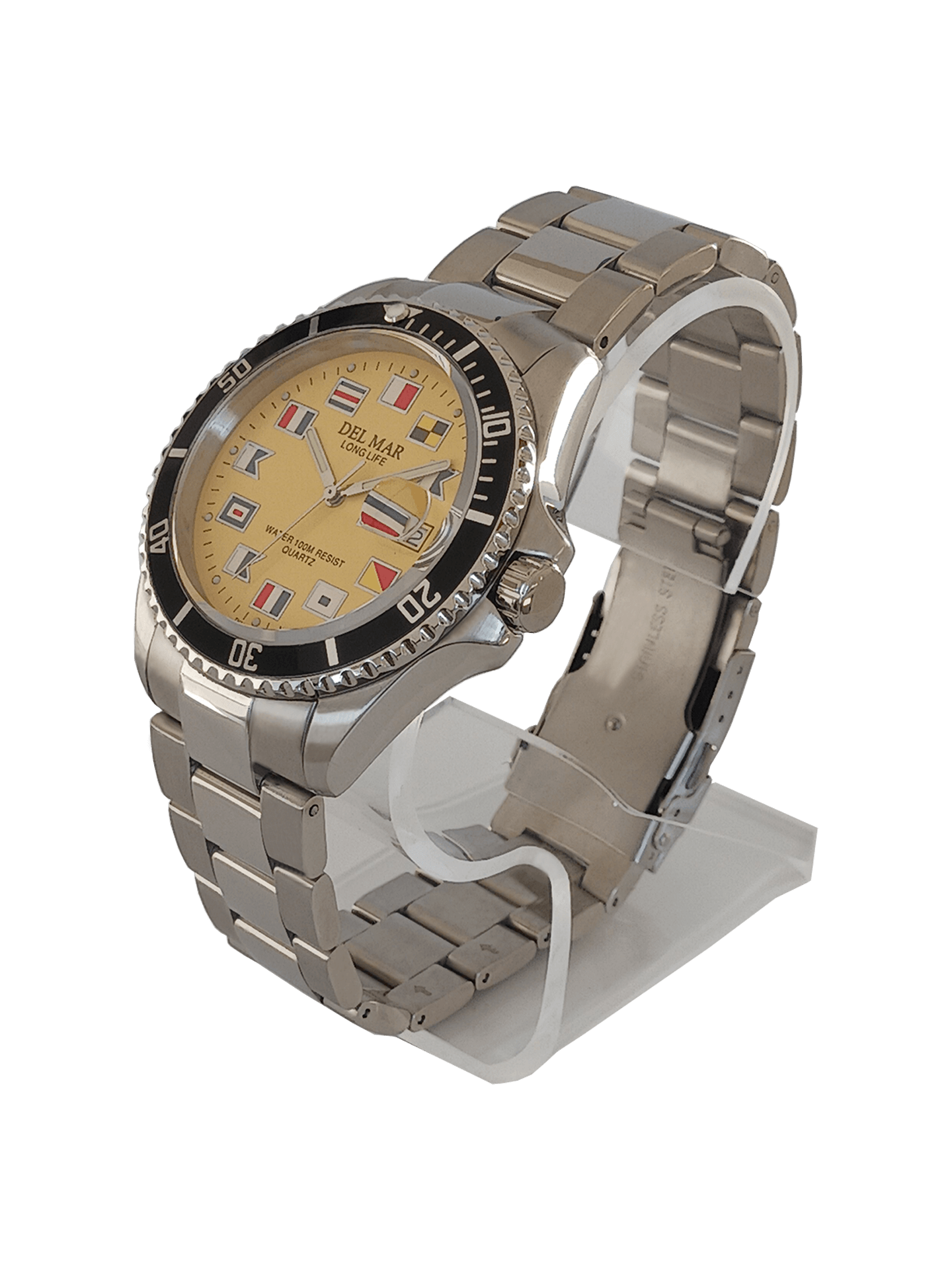 Nautical 200 bold yellow dial watch close up