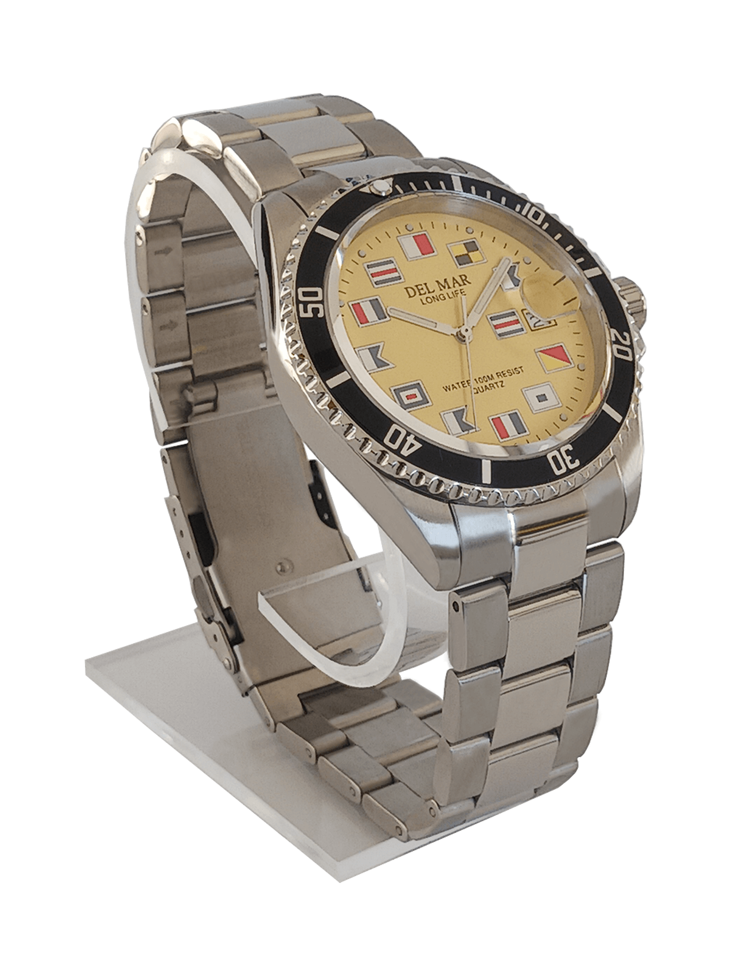 Stainless steel bracelet yellow face maritime watch