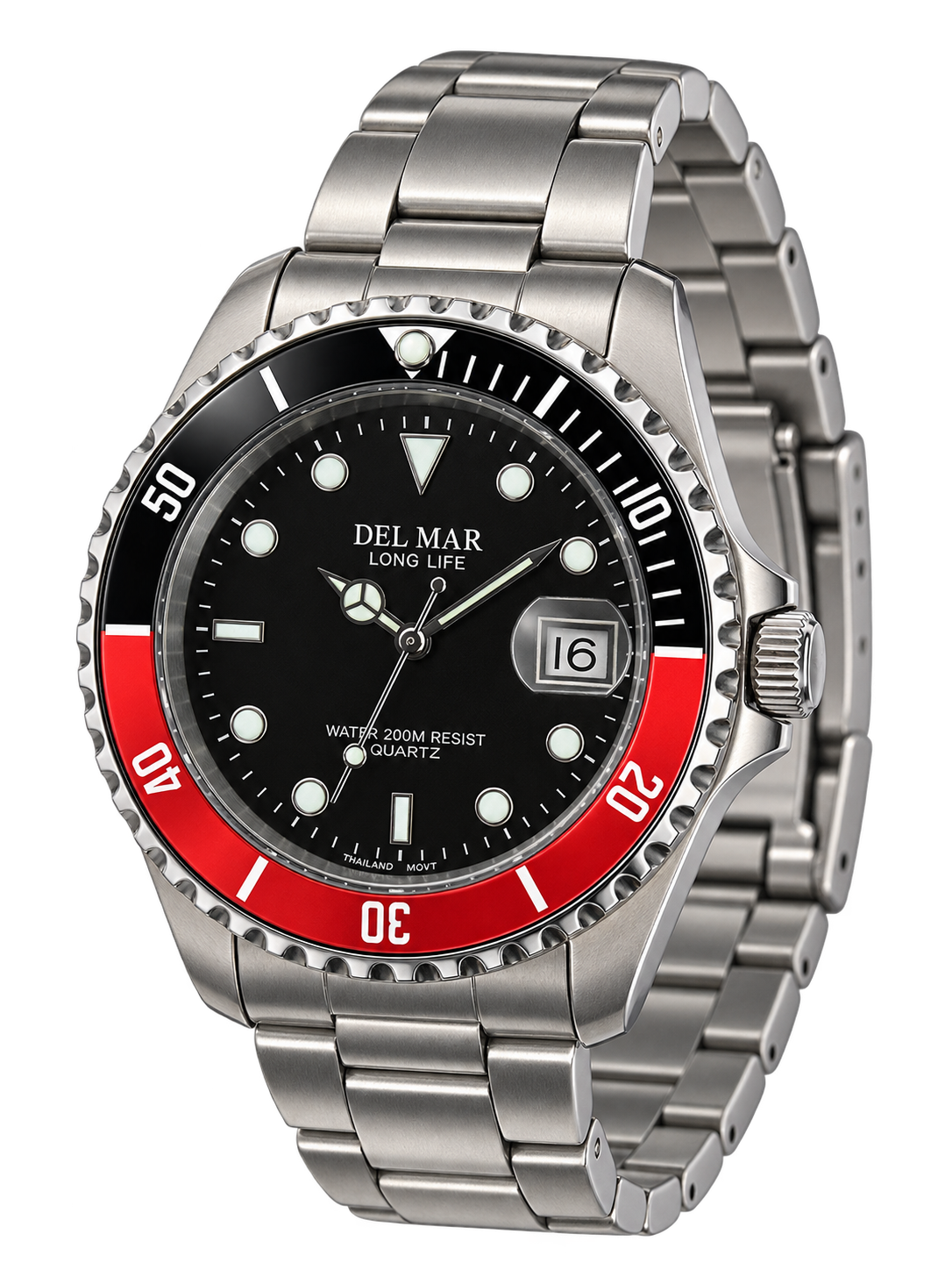 Del Mar Coronado Black Dial Red & Black Bezel Watch 50125 | Stainless Steel