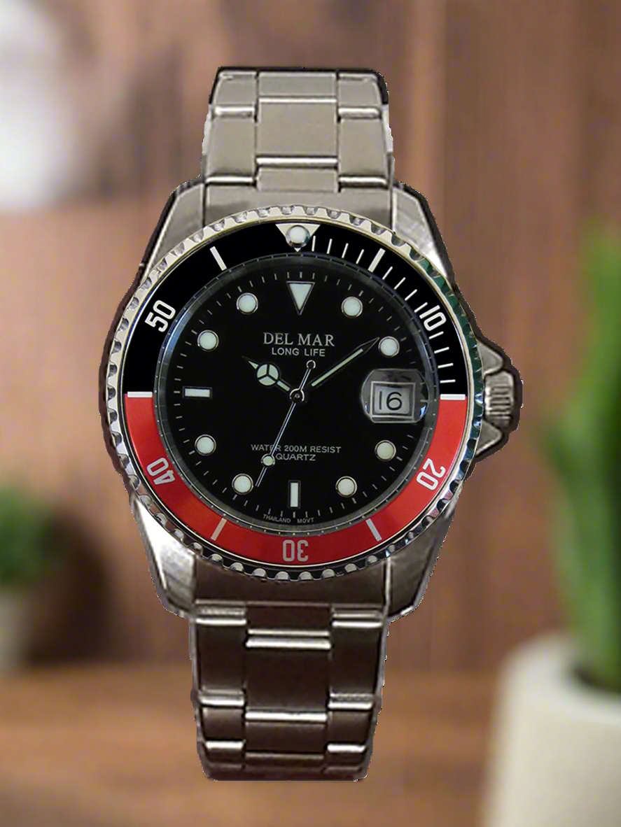 Del Mar Coronado Black Dial Red & Black Bezel Watch 50125 | Stainless Steel