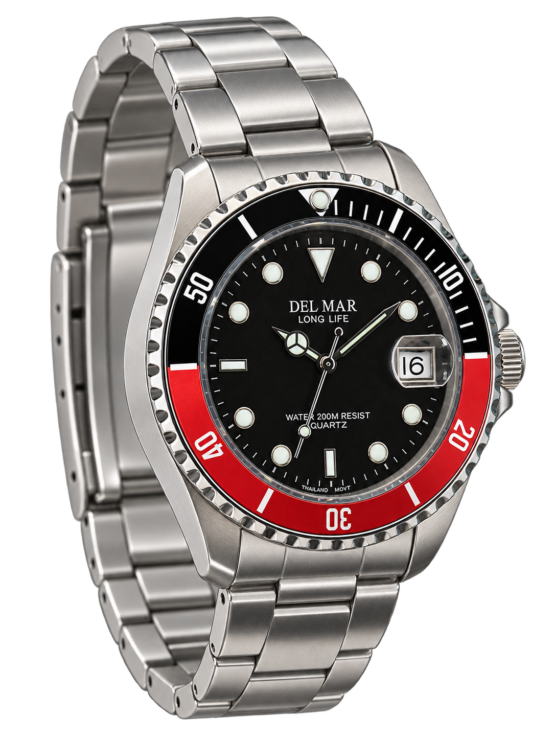 Del Mar Coronado Black Dial Red & Black Bezel Watch 50125 | Stainless Steel