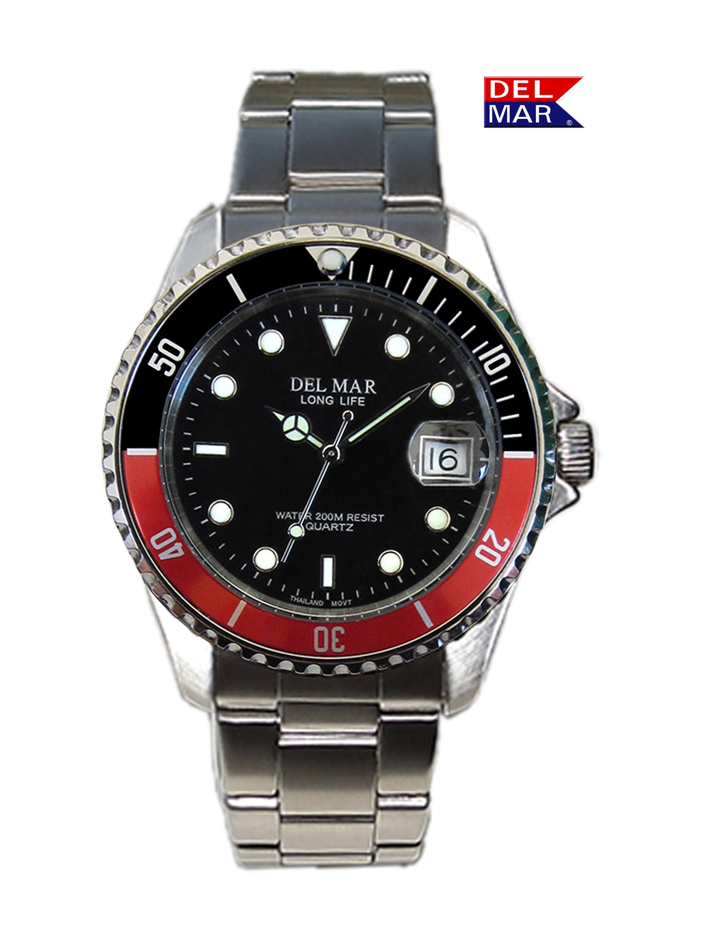 Del Mar Coronado Black Dial Red & Black Bezel Watch 50125 | Stainless Steel