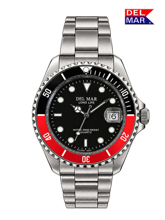 A stainless steel wristwatch with a black dial, black bezel, and a bold red ring around the lower half of the bezel. The brand logo 'DEL MAR' is visible on the dial and in the top right corner.