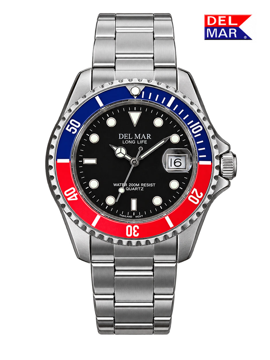 Del Mar Coronado 50127 features a clean black dial paired with a red and black unidirectional bezel, bringing a stronger, more grounded contrast to a classic stainless steel design.
