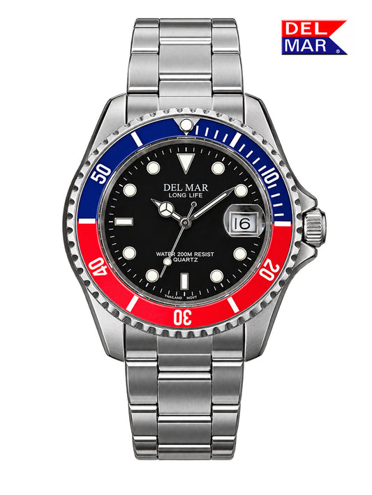 Del Mar Coronado 50127 features a clean black dial paired with a red and black unidirectional bezel, bringing a stronger, more grounded contrast to a classic stainless steel design.