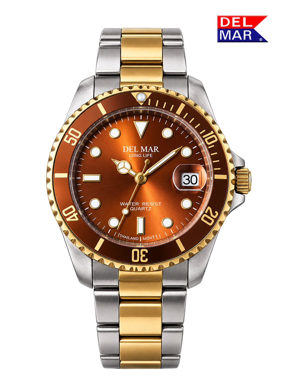 A Del Mar Longife watch with a two-tone stainless steel and gold-tone bracelet, featuring a bronze-brown dial and matching bezel.