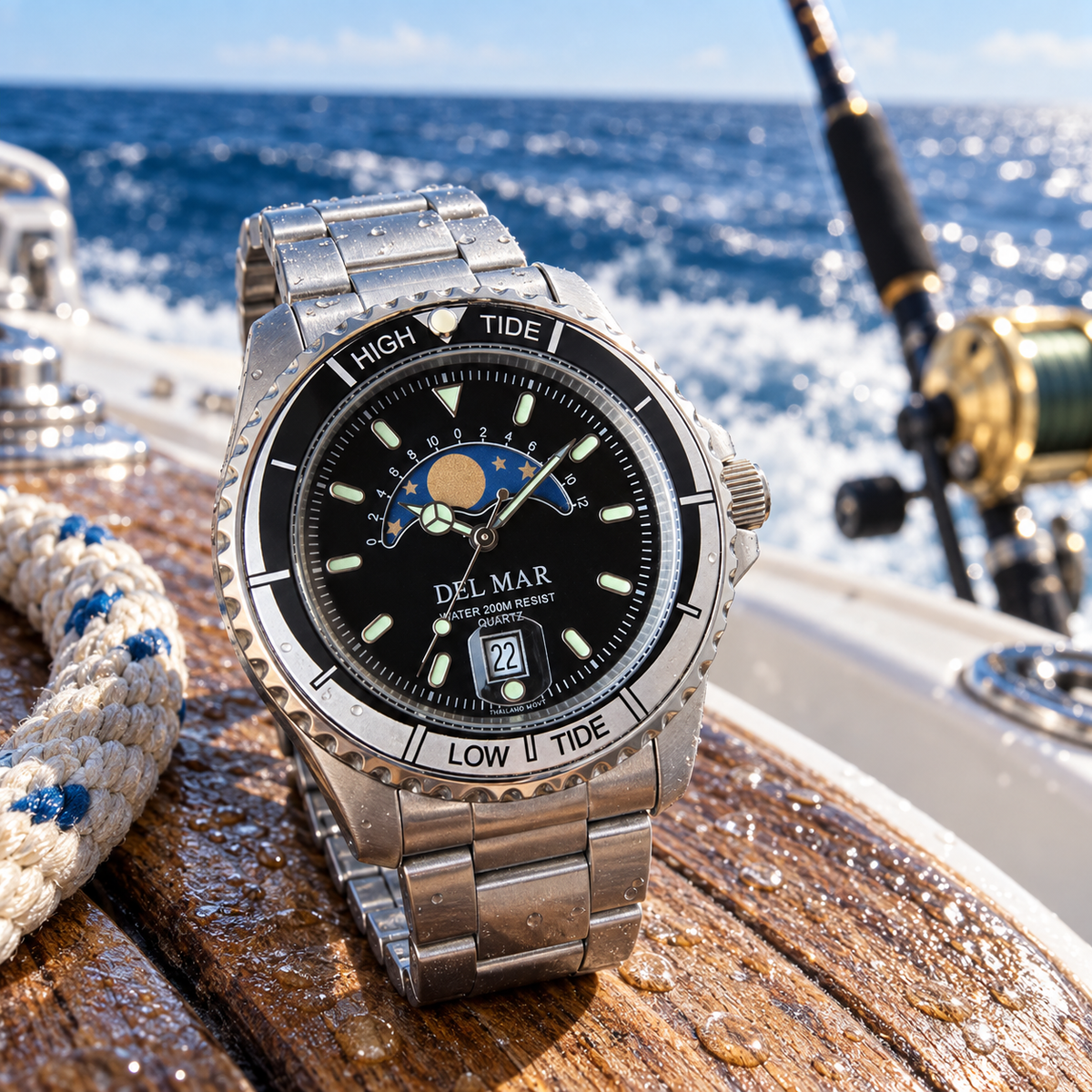 Inspired by the rhythm of the moon and sea, the Tide 50205 features a dedicated tide indicator that tracks the approximate movement between high and low tide.