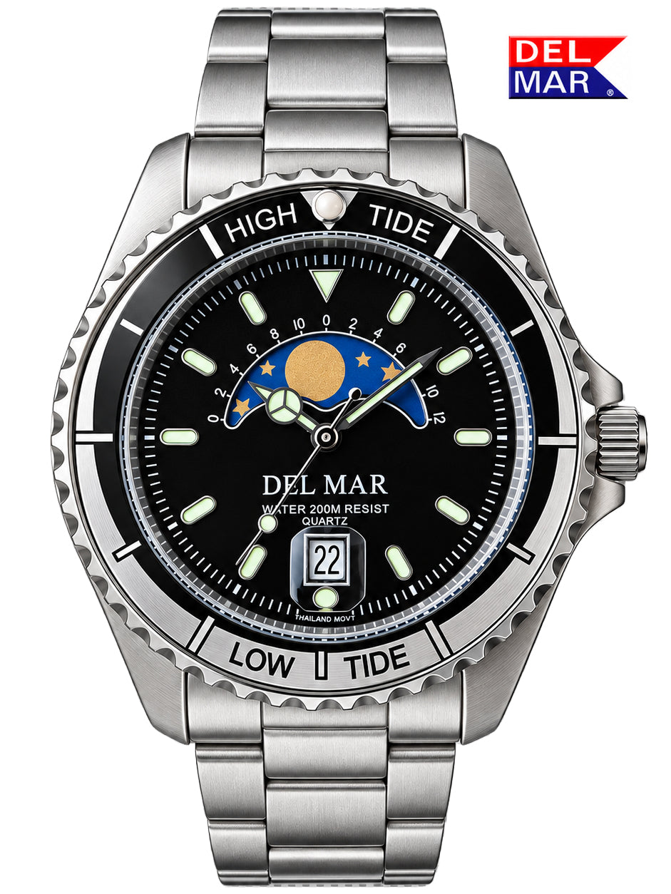 The tide indicator follows the lunar tidal cycle, providing an at-a-glance view of the approximate progression between high and low tide.