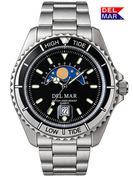 The tide indicator follows the lunar tidal cycle, providing an at-a-glance view of the approximate progression between high and low tide.