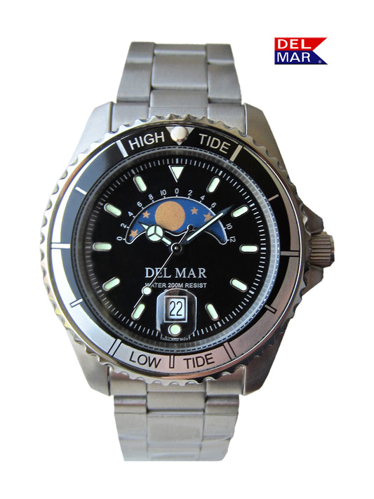 Del Mar stainless steel tide watch black dial nautical watch