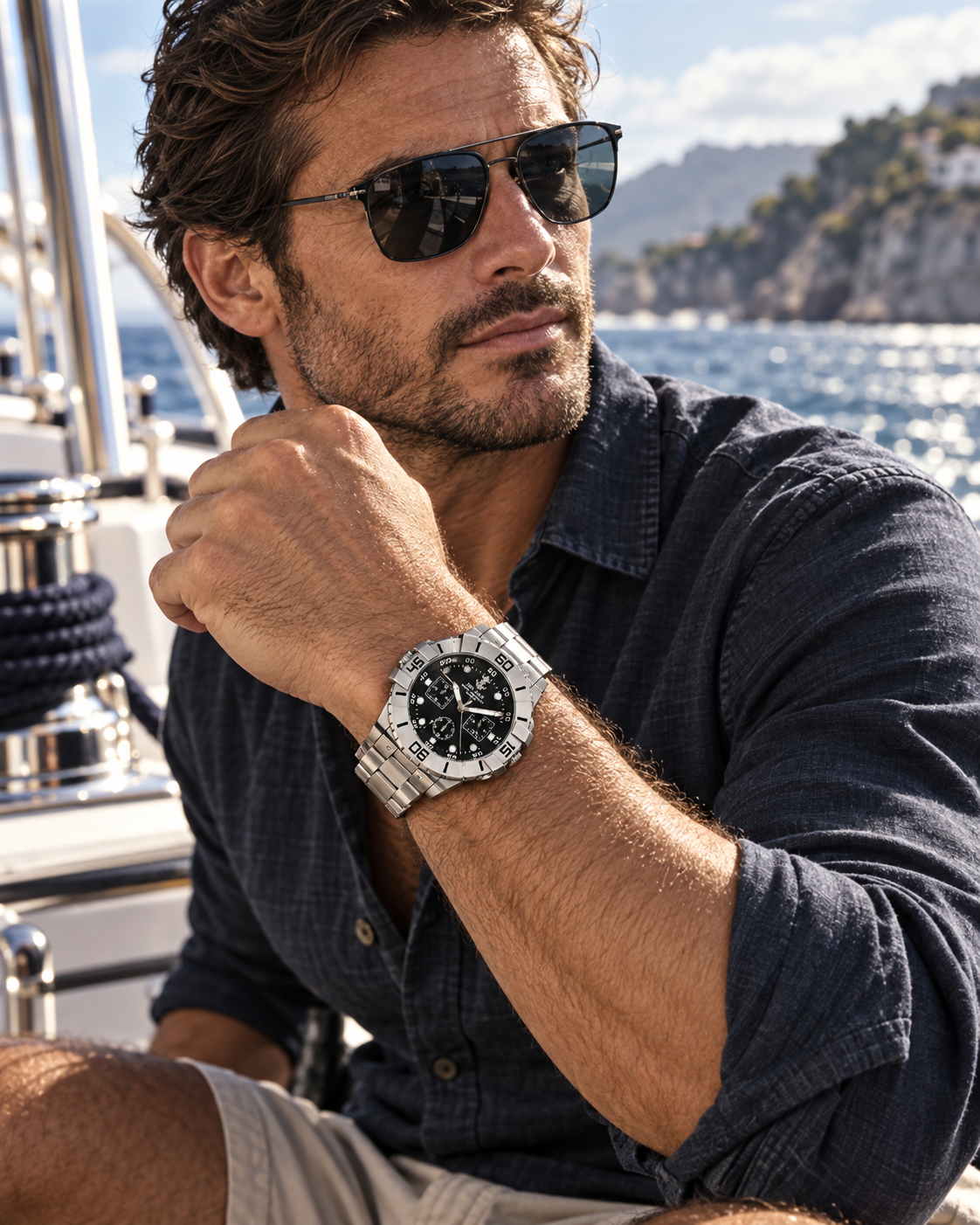A classic Del Mar Chronograph Watch 100 Meters Water Resistant with 3-eye technology and black dial.