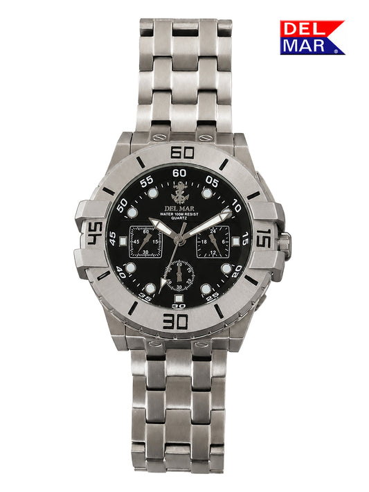 A Delmar chronograph watch with a silver stainless steel case and link bracelet, featuring a black dial with white markings and three sub-dials.