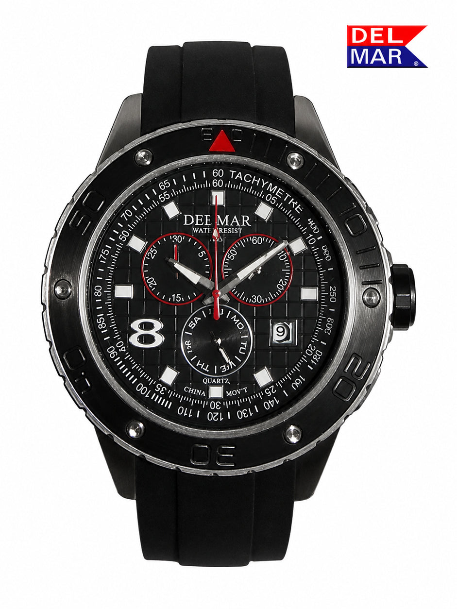 The Del Mar Black 3-eyed Chronographic Watch appeals to Teens and Men. From Sporty to the Office.