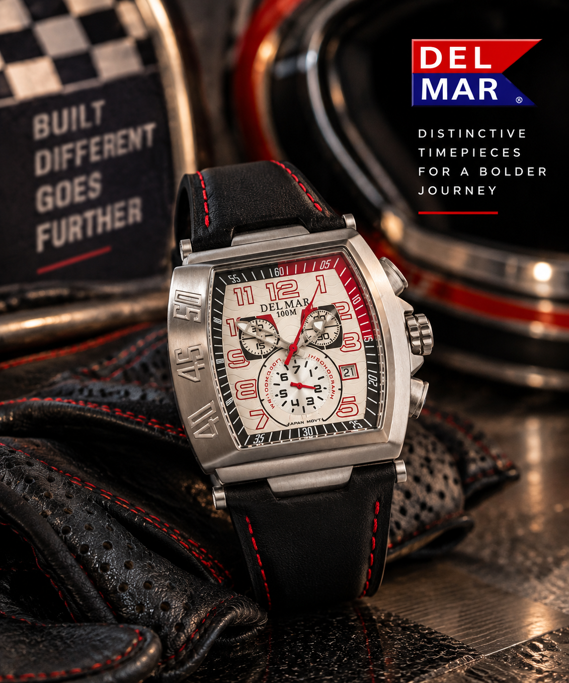 Get your engines started with the Del Mar 100 M Chronoghaph Watch
