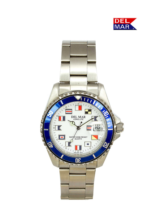 Del Mar Nautical 200 Blue Bezel Watch 50255 | White Dial Stainless Steel Bracelet
