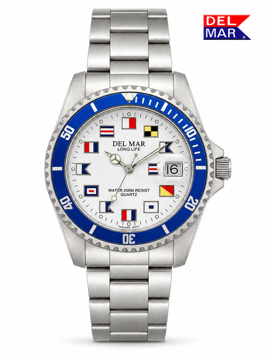 A Del Mar Long Life watch with a stainless steel link bracelet, featuring a white dial decorated with various maritime signal flags, a blue bezel, and a date window.