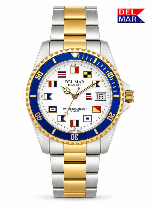 The Men's White Dial with Nautical Flags, a Blue unidirectional Bezel and Two Tone Stainless Steel bracelet